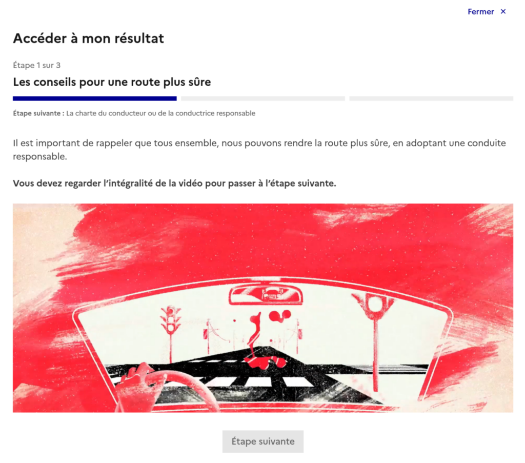 Vidéo de sensibilisation à la sécurité routière à visionner avant d'accéder au résultat