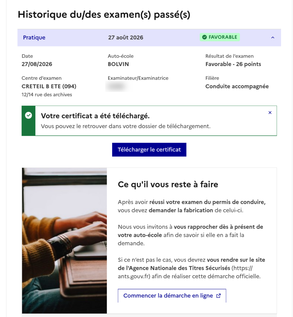 Détail de l'examen pratique et bouton « Télécharger le certificat » dans l'espace candidat