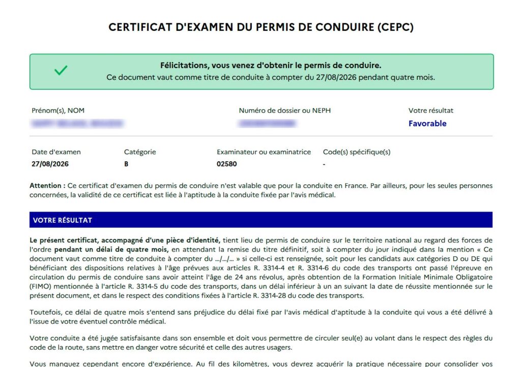 Certificat d'examen du permis de conduire (CEPC) avec résultat favorable