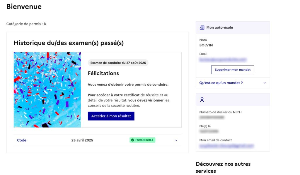 Message de félicitations et bouton « Accéder à mon résultat » dans l'espace candidat RdvPermis