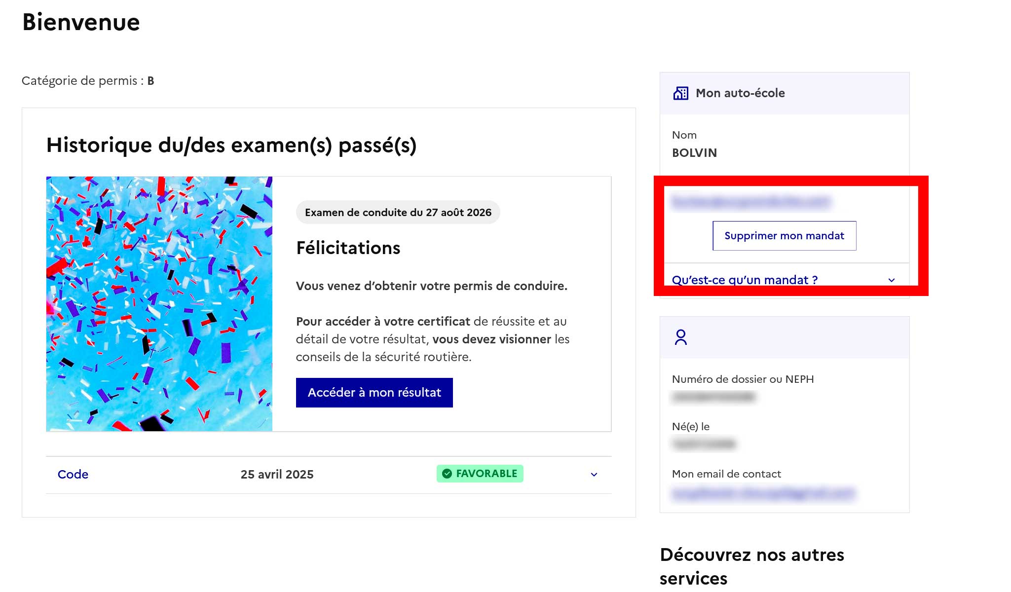 Bouton Supprimer mon mandat dans l'encart Mon auto-école de l'espace candidat RdvPermis